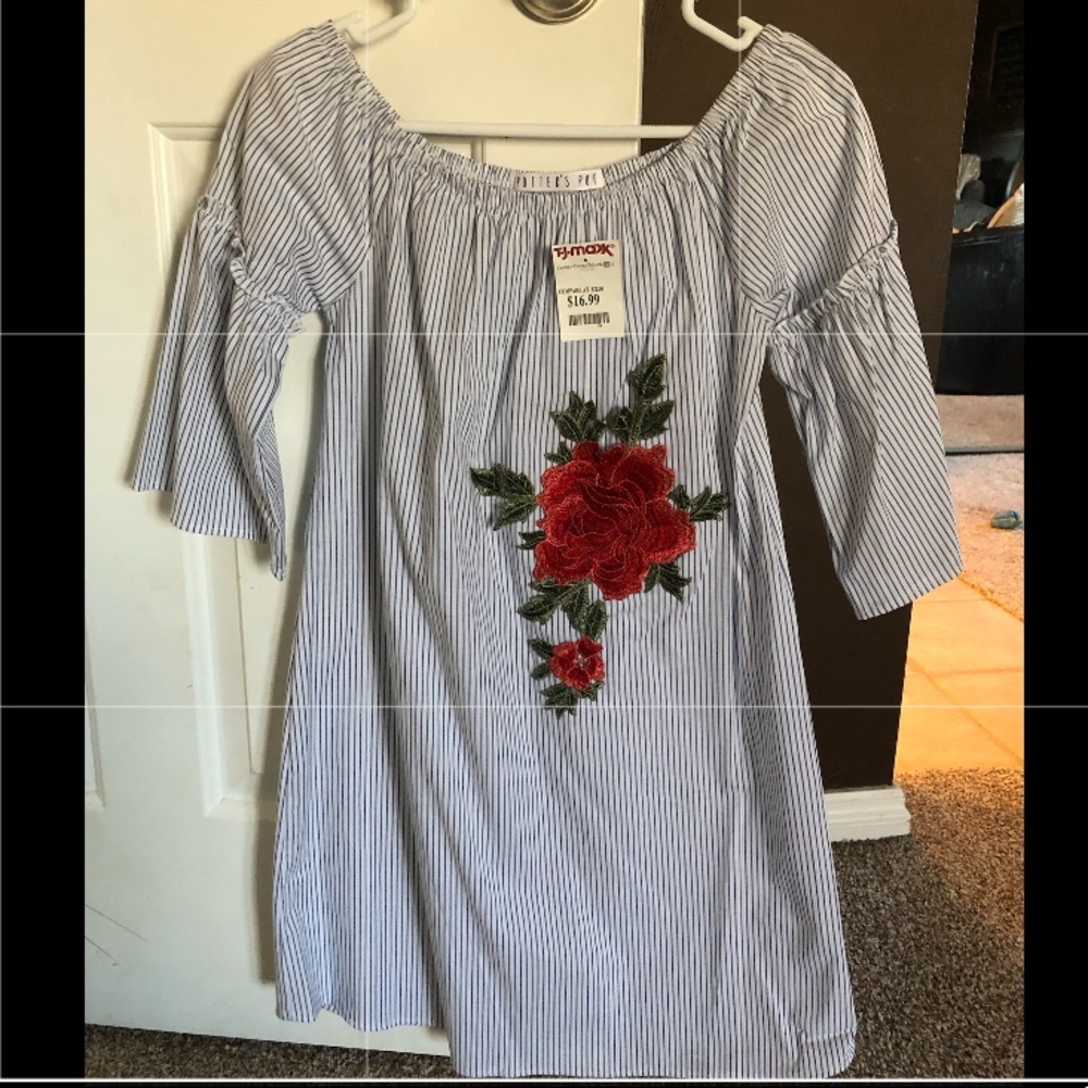 Small blue/white stripe dress w/ red flower accent